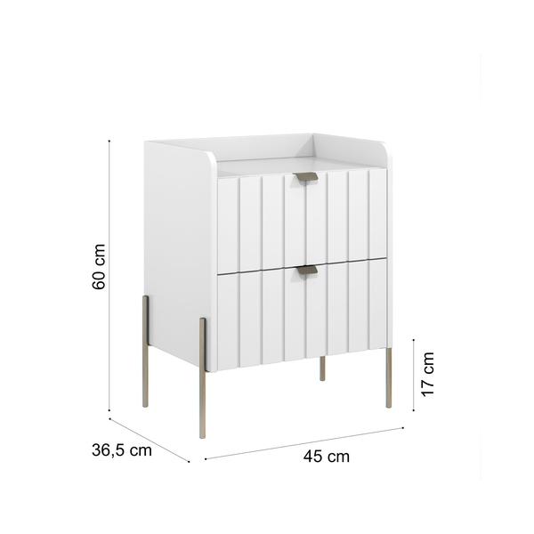 Imagem de mesa de cabeceira em madeira mdf com puxadores e pés em ferro estilo classico champagne moriah 45cm com 2 gavetas