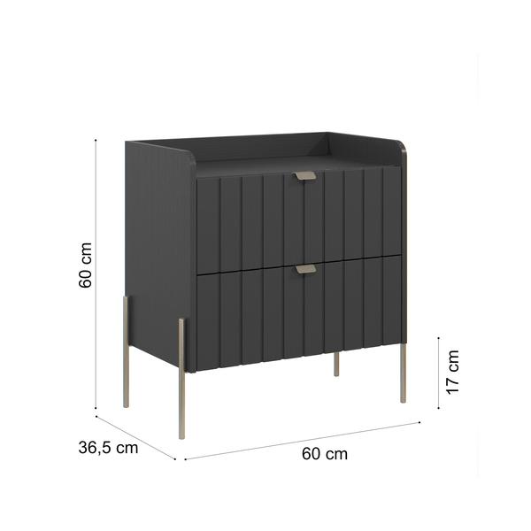 Imagem de mesa de cabeceira em madeira mdf com puxadores e pés em ferro estilo classico champagne moriah 60cm com 2 gavetas