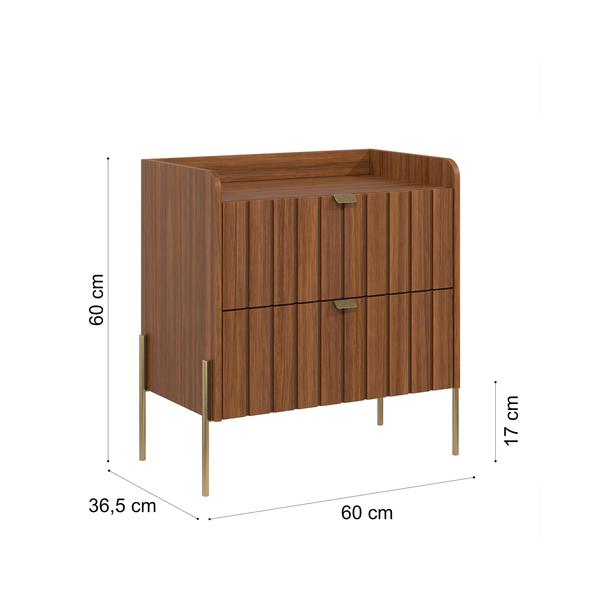 Imagem de mesa de cabeceira em madeira mdf com puxadores e pés em ferro estilo classico dourado moriah 60cm com 2 gavetas