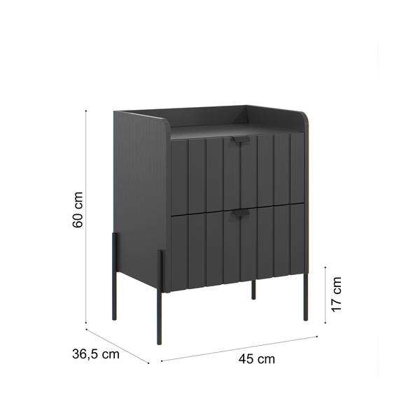 Imagem de mesa de cabeceira em madeira mdf com puxadores e pés em ferro estilo classico preto moriah 45cm com 2 gavetas