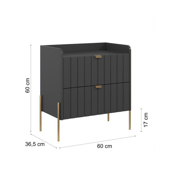 Imagem de mesa de cabeceira em madeira mdf reforçada com 2 gavetas riscada design classico moriah 60cm pé e puxador dourado