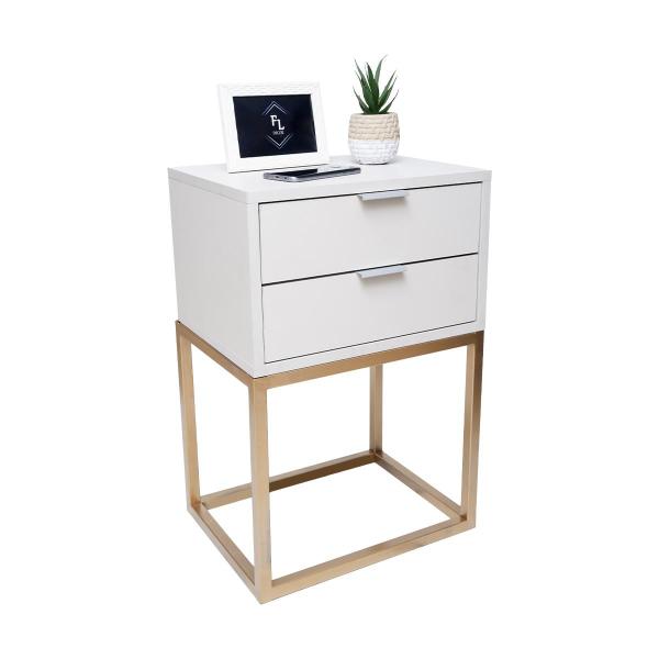 Imagem de Mesa de Cabeceira Estilo Industrial 40cm Branco 2 Gavetas Pés Ferro Dourado Quarto Lateral Cama 