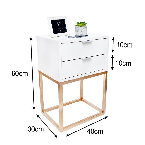 Imagem de Mesa de Cabeceira Estilo Industrial 40cm Branco 2 Gavetas Pés Ferro Dourado Quarto Lateral Cama 