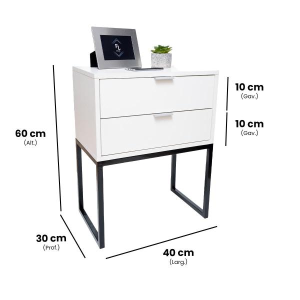 Imagem de Mesa de Cabeceira Estilo Industrial 40cm Branco Eco 2 Gavetas Base Ferro Preto Lateral Cama