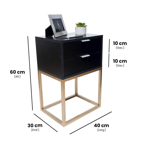 Imagem de Mesa de Cabeceira Estilo Industrial 40cm Preto  2 Gavetas Pés Ferro Dourado Quarto Lateral Cama 