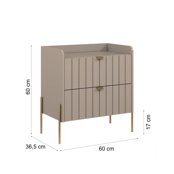 Imagem de mesa de cabeceira estilo industrial dourado moriah 60cm largura para quarto grande 2 gavetas frente riscada moderna