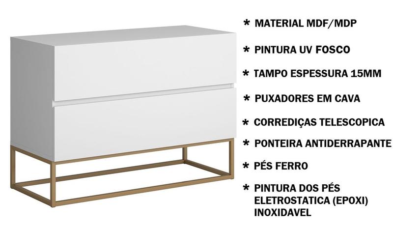 Imagem de Mesa De Cabeceira Industrial Eros 60cm Puxadores em Cava Moderno Base De Ferro Dourado Com Opção de Cores