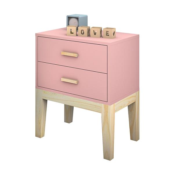 Imagem de mesa de cabeceira infantil para quarto de menina com 2 gavetas suave cor rosa fosco tematico com pés de madeira teen 45cm