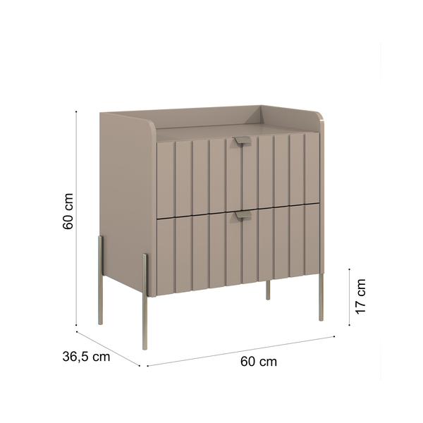 Imagem de mesa de cabeceira mdf grande para quarto moriah 60cm largura com 2 gavetas puxador pé de metal champagne design vintage