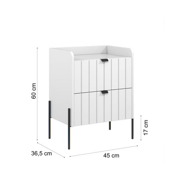 Imagem de Mesa de Cabeceira Moderna Gavetas Madeira mdf Moriah 45cm branco pés e puxadores industrial preto