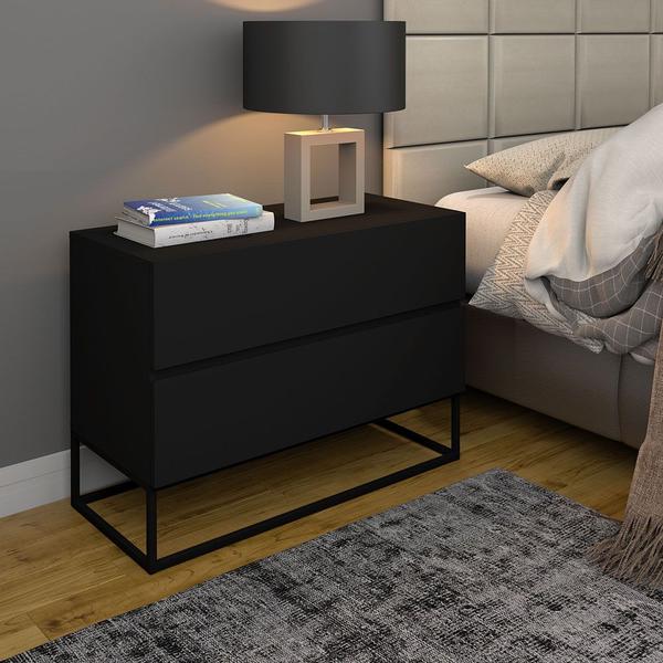 Imagem de mesa de cabeceira para cama quarto casal eros 60cm 2 gavetas espaçosas e moderna design elegante e industrial pé preto