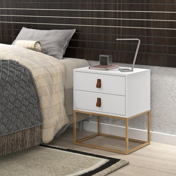 Imagem de Mesa de Cabeceira para Quarto Casal Estilo Industrial - Unic 45 Branco / Dourado