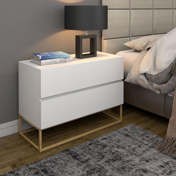 Imagem de Mesa de Cabeceira Para Quarto Com 2 Gavetas Espaçosas Cama Casal Eros 60cm Pé Dourado Moderno Luxuoso