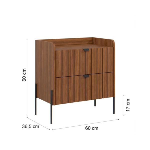 Imagem de mesa de cabeceira para quarto em mdf lateral de cama gaveteiro 2 gavetas moriah 60cm gavetas suaves e modernas pé preto