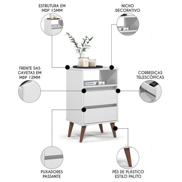 Imagem de Mesa De Cabeceira Pés Retrô 2 Gavetas 43cm Roma Branco - Ej Móveis