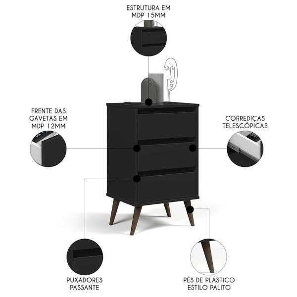 Imagem de Mesa de Cabeceira Pés Retrô 3 Gavetas 43cm Wood Preto - EJ Móveis