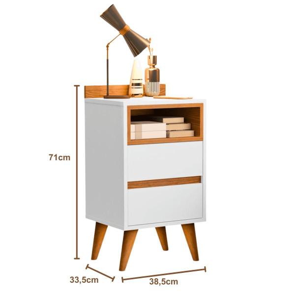 Imagem de Mesa de Cabeceira Quarto Apoio Lateral Cama Box Casal Estilo Decoração Retrô Álamo 2 Gavetas - Branco/Nature