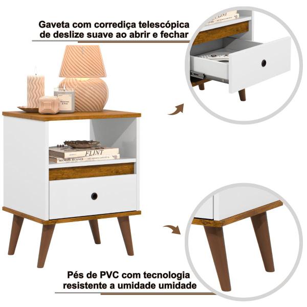 Imagem de Mesa de Cabeceira Quarto Apoio Lateral Cama Box Casal Estilo Decoração Retrô Ted 1 Gaveta - Branco/Nature