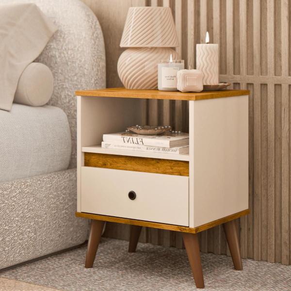 Imagem de Mesa de Cabeceira Quarto Apoio Lateral Cama Box Casal Estilo Decoração Retrô Ted 1 Gaveta - Offwhite/Nature