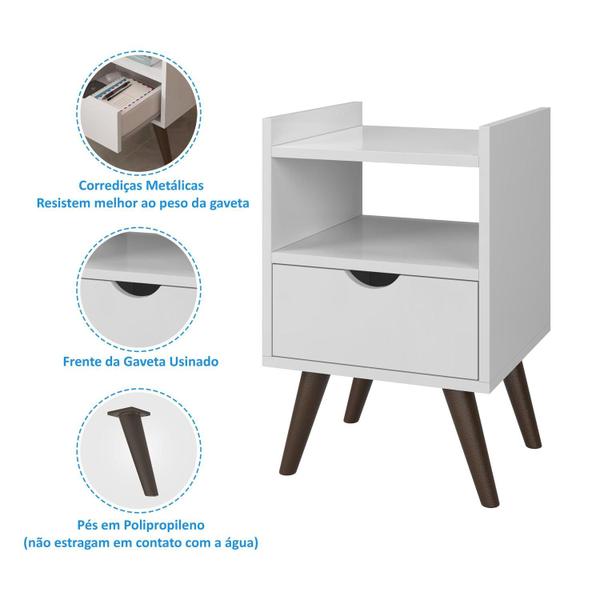 Imagem de Mesa De Cabeceira Quarto Retrô Pés Palito Com Nicho e 1 Gaveta - Classic Decor - Branco - Lojas GB Móveis