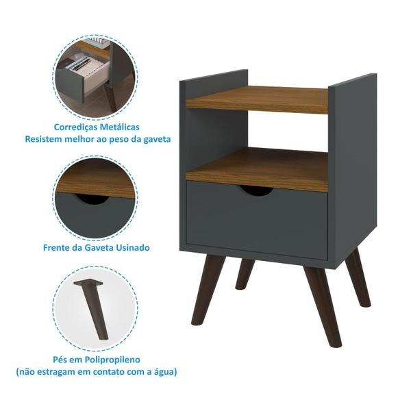 Imagem de Mesa De Cabeceira Quarto Retrô Pés Palito Com Nicho e 1 Gaveta - Classic Decor - Cinza Com Freijó - Lojas GB Móveis