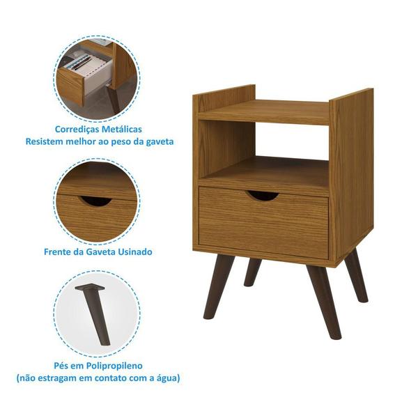 Imagem de Mesa De Cabeceira Quarto Retrô Pés Palito Com Nicho e 1 Gaveta - Classic Decor - Freijó - Lojas G2 Móveis