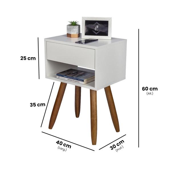 Imagem de Mesa de Cabeceira Retrô 40cm Branco Gaveta e Nicho Pés Palito Madeira Maciça - Enviamos Montado