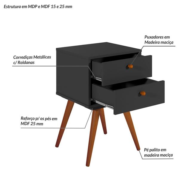 Imagem de Mesa de Cabeceira Retro 50 Plus 2 Gavetas Preto - Olivar Móveis