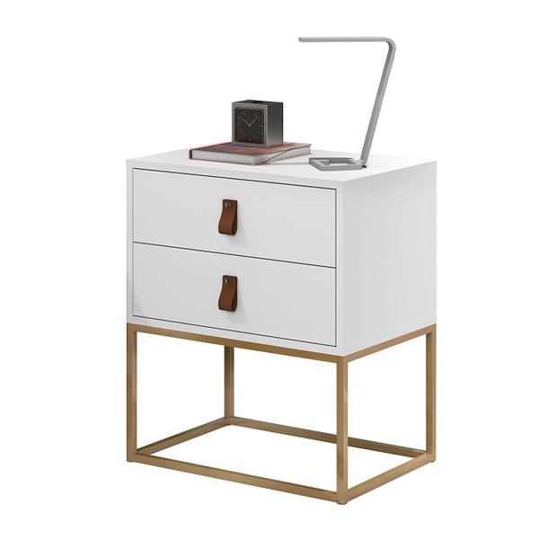 Imagem de Mesa de Cabeceira Unic 45 Branco estilo industrial 2 Gavetas Base Dourado