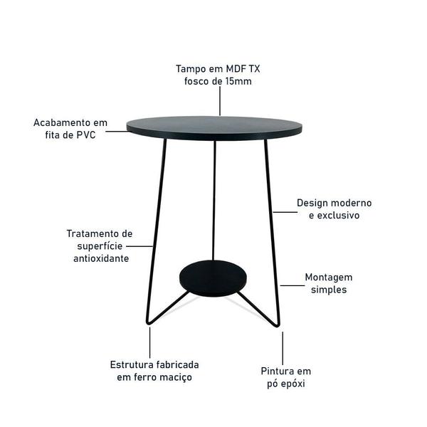 Imagem de Mesa de Canto Lateral Dijon Alta Redonda Sala Tripé Preto e Preto