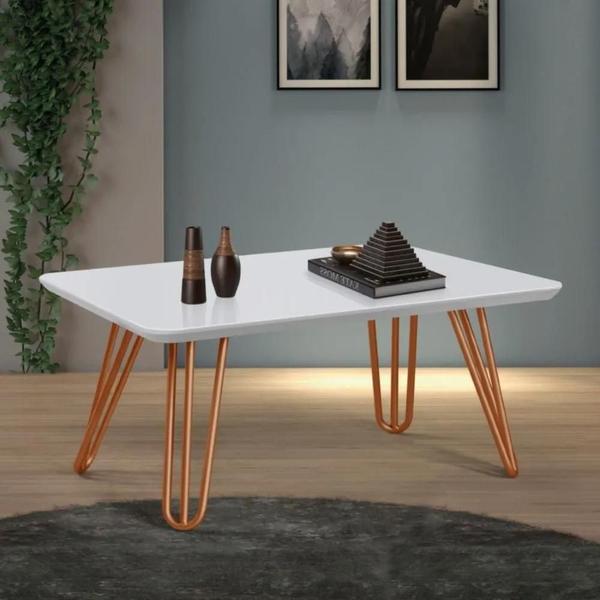 Imagem de Mesa de Centro Branco com Pés de Metal Cobre 40x70 cm