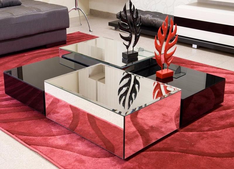 Imagem de Mesa De Centro Espelhada Luxo Para Sala Decorativa 100 X 80 Cm Com Vidro Preto Altura 30 Cm