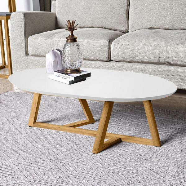 Imagem de Mesa de Centro Oval para Sala Classic Pés em Madeira Maciça Pinus - Branca - Ofertamo