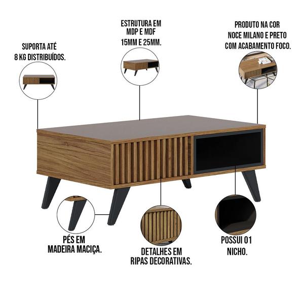 Imagem de Mesa De Centro Para Sala De Estar 01 Nicho Delta C04 Preto Fosco Noce Milano - Lyam Decor