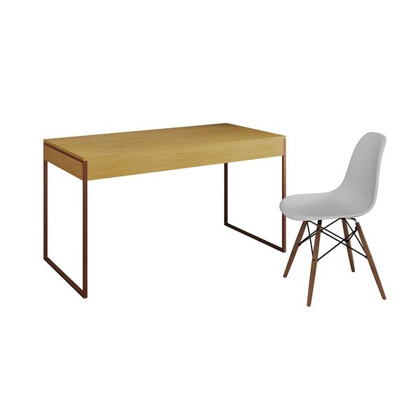 Imagem de Mesa de Escritório Industrial Malta Canela 137x53cm Base Cobre com 1 Cadeira Branca Eames Eiffel Mad