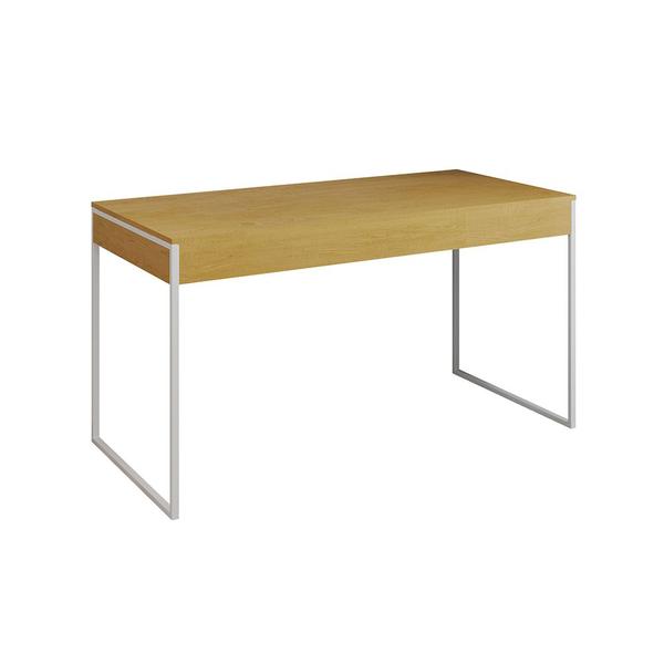 Imagem de Mesa de Escritório Industrial Malta Canela 137x53cm Base Ferro Branco com 1 Cadeira Preta Eames Eiff