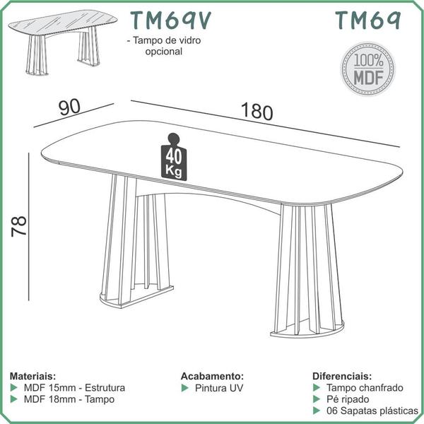 Imagem de Mesa de Jantar 06 Lugares 180cm Pés Ripados 100% MDF TM69 Dalla Costa