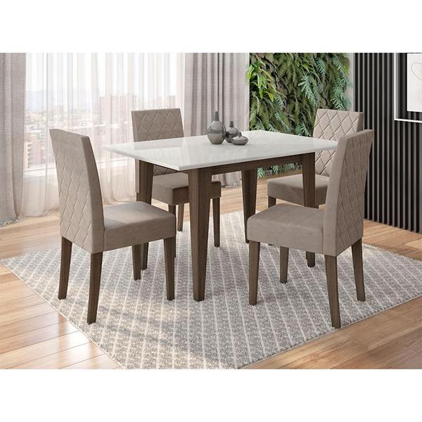 Imagem de Mesa de Jantar 120cm Kate com Vidro Amêndoa Off White e 4 Cadeiras Jade Bordado Amêndoa Cappucino  Poliman