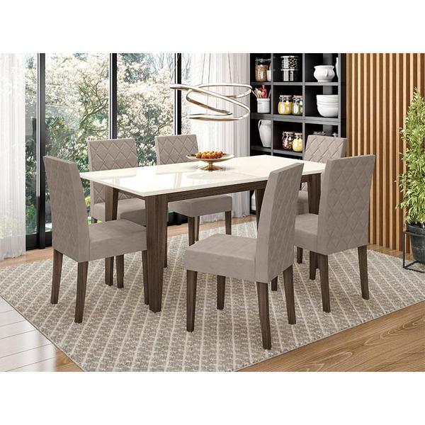 Imagem de Mesa de Jantar 160cm Liz com Vidro Amêndoa Off White com 6 Cadeiras Jade Bordada Amêndoa Cappuccino  Poliman