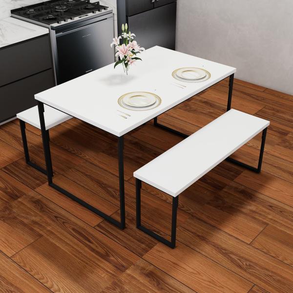 Imagem de Mesa de Jantar 2 Bancos 4 Lugares Retangular - Branco e Preto Industrial 