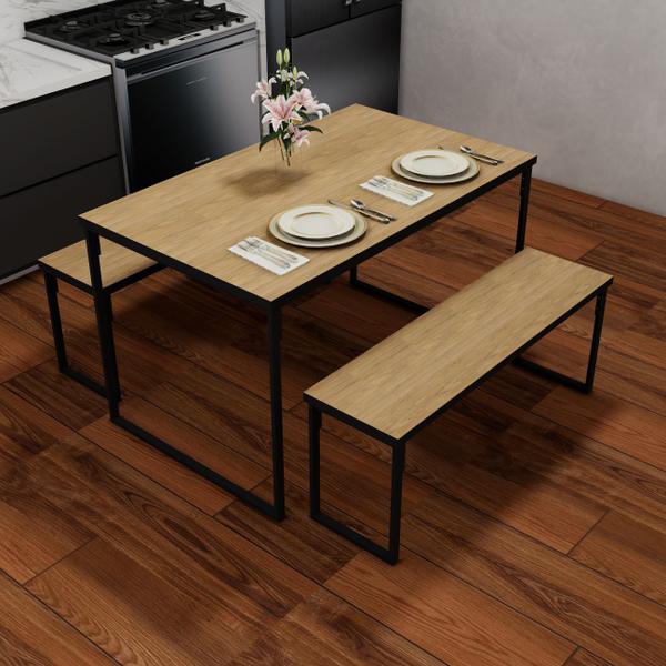 Imagem de Mesa de Jantar 2 Bancos 4 Lugares Retangular - Freijó e Preto Industrial 