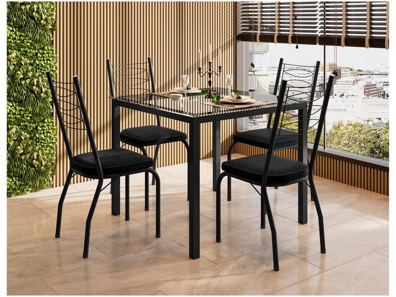 Mesa de Jantar 4 Cadeiras Quadrada Preta Tampo de Vidro Artefamol Florença Mesa de Jantar 4 Cadeiras Quadrada Preta Tampo de Vidro Artefamol Florença