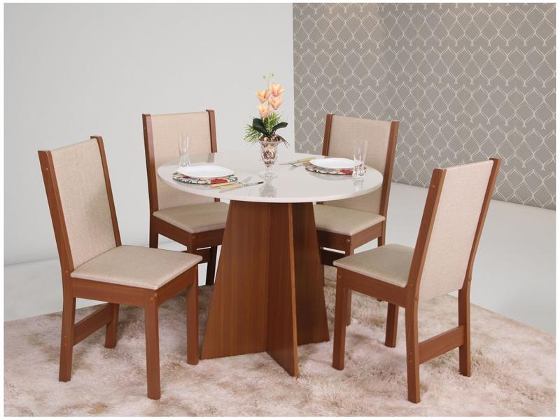 Mesa de Jantar 4 Cadeiras Redonda Naturalle e Off-White Elane Móveis São Carlos Mesa de Jantar 4 Cadeiras Redonda Naturalle e Off-White Elane Móveis São Carlos
