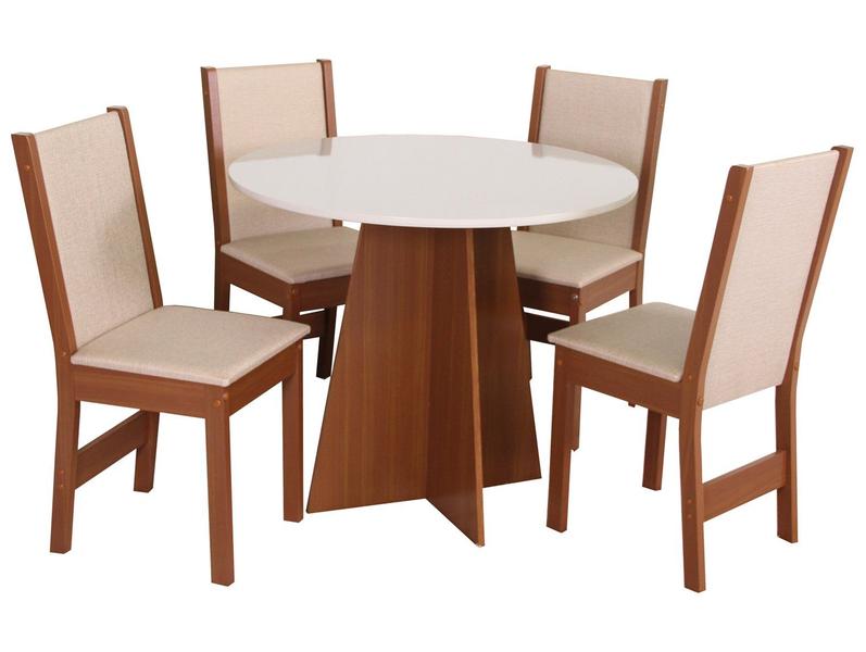 Mesa de Jantar 4 Cadeiras Redonda Naturalle e Off-White Elane Móveis São Carlos Mesa de Jantar 4 Cadeiras Redonda Naturalle e Off-White Elane Móveis São Carlos