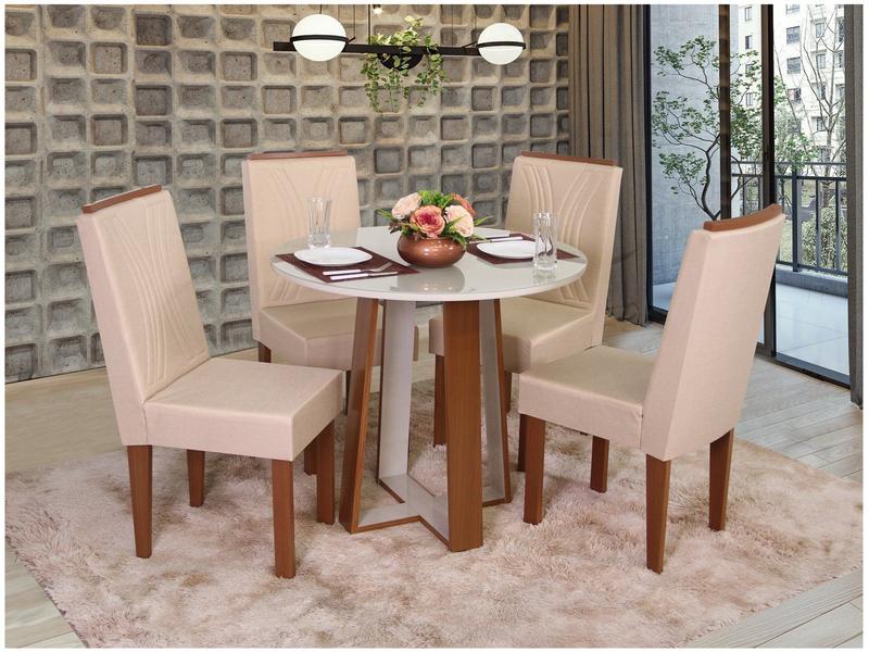 Mesa de Jantar 4 Cadeiras Redonda Naturalle e Off-White Tampo de Vidro Laís Móveis São Carlos Mesa de Jantar 4 Cadeiras Redonda Naturalle e Off-White Tampo de Vidro Laís Móveis São Carlos