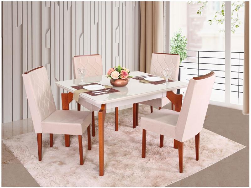 Mesa de Jantar 4 Cadeiras Retangular Madeira Maciça Mel e Off-White Tampo de Vidro Abeille...