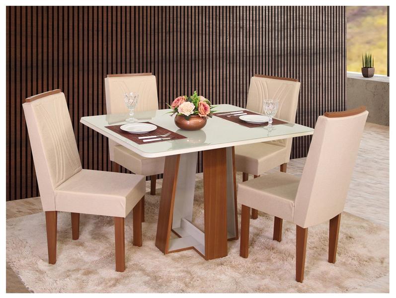Mesa de Jantar 4 Cadeiras Retangular Naturalle e Off-White Tampo de Vidro Laís Móveis São Carlos Mesa de Jantar 4 Cadeiras Retangular Naturalle e Off-White Tampo de Vidro Laís Móveis São Carlos