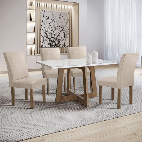 Imagem de Mesa de Jantar 4 Lugares Arizona Canela com Vidro Chocolate/Off White/Boucle Bege 20766 - Cel Móveis