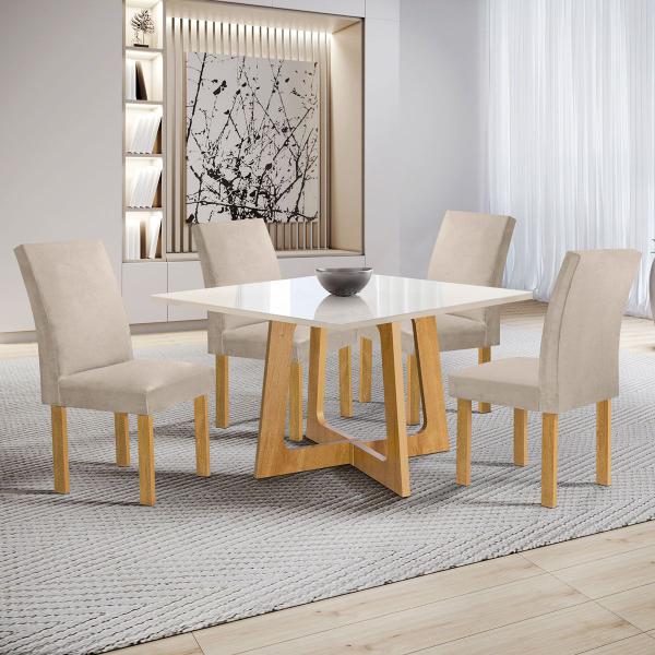 Imagem de Mesa de Jantar 4 Lugares Arizona Canela com Vidro Cinamomo/Off White/Boucle Bege - Cel Móveis