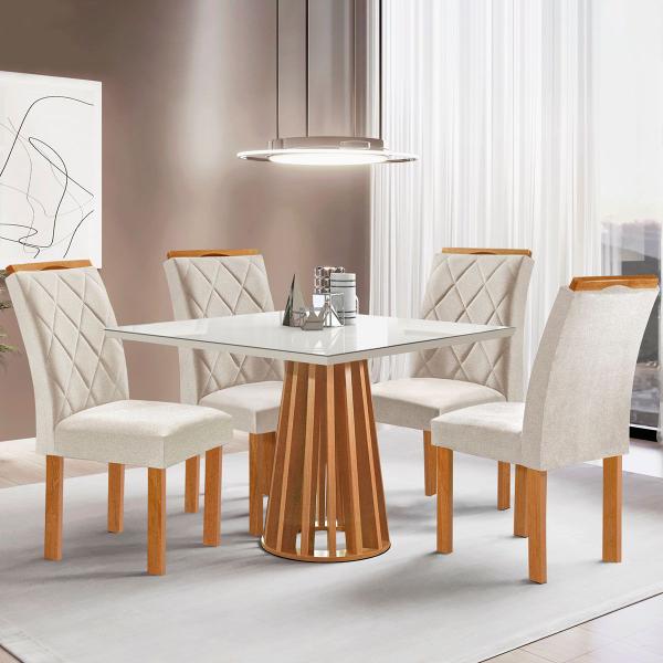 Imagem de Mesa de Jantar 4 Lugares Kansas/Arthus com Vidro Cinamomo/Off White/Suede Bege - Cel Móveis